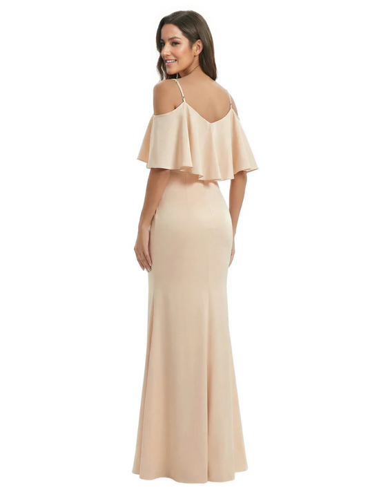 Kiarelys Elegant V-neck Cold Shoulder Satin Mermaid Long Formal Dresses For Women