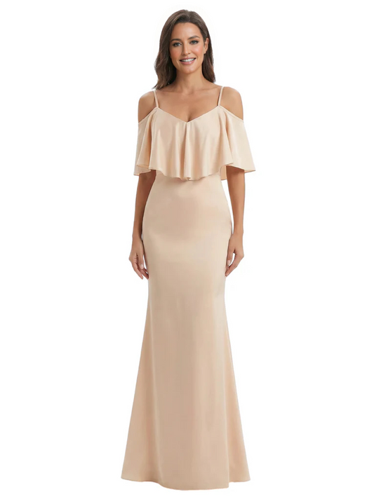 Kiarelys Elegant V-neck Cold Shoulder Satin Mermaid Long Formal Dresses For Women