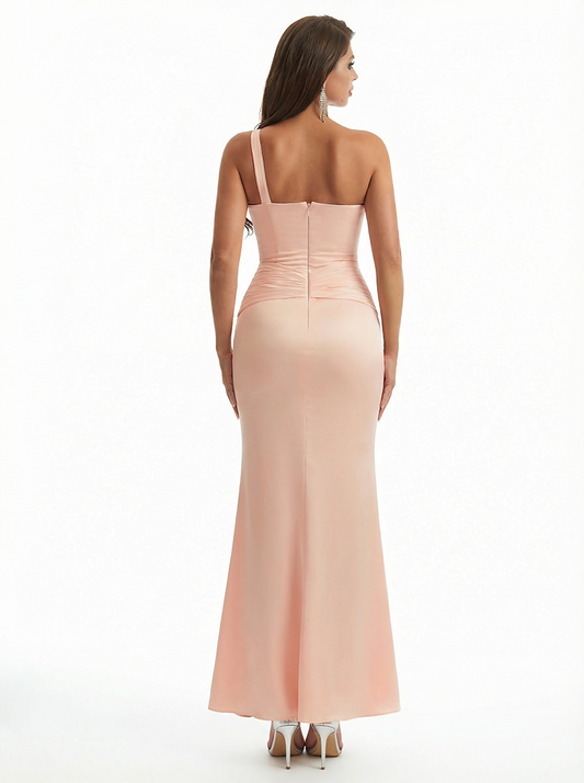 Sexy One Shoulder Lace Mermaid Silky Satin Maxi Formal Evening Dresses For Women With Slit