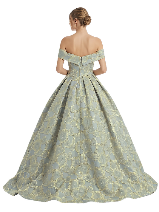 Modern Floral Jacquard Off Shoulder Floor-Length A-Line Long Formal Evening Dresses