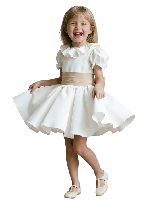 Short Sleeve Ruffle Neck Satin Skater Style Knee Length Junior Bridesmaid Dress