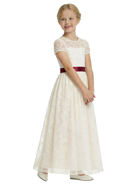 Short Puff-Sleeve Round-Neck Flower Girl Dress Lace Gown with Satin Waist Bow & Intricate Lace Overlay for Wedding & Formal Gatherings