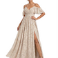 Elegant Cold Shoulder Side Slit Floral Burnout Chiffon Ruched A-Line Long Formal Evening Dresses