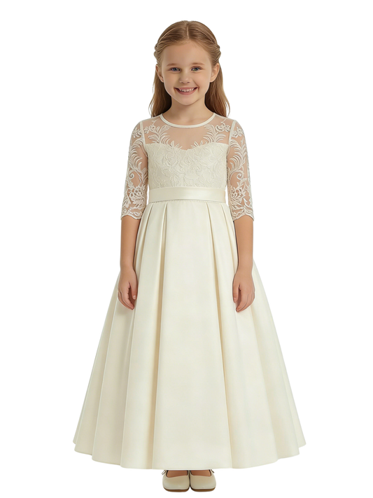 Long Sleeve Lace Flower Girl Dress, Satin Ball Gown Silhouette Spaghetti-Straps Bodice