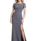 Slit Chiffon Jewel Mother of The Bride Dress Evening Gown Short Sleeve