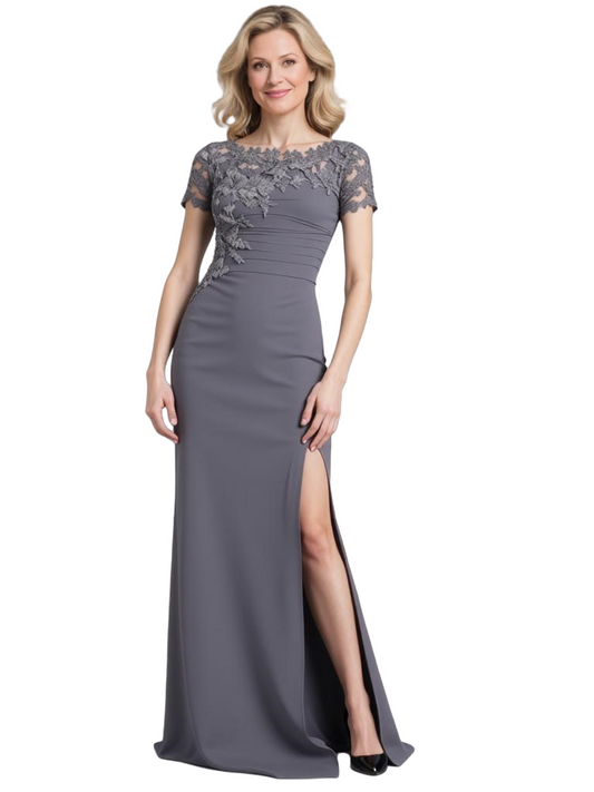 Slit Chiffon Jewel Mother of The Bride Dress Evening Gown Short Sleeve
