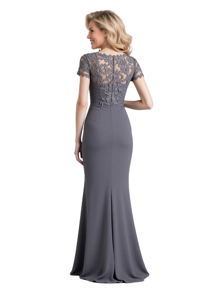 Slit Chiffon Jewel Mother of The Bride Dress Evening Gown Short Sleeve