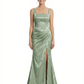 Elegant Jacquard Satin Spaghetti Straps Side Slit Mermaid Long Formal Evening Dresses
