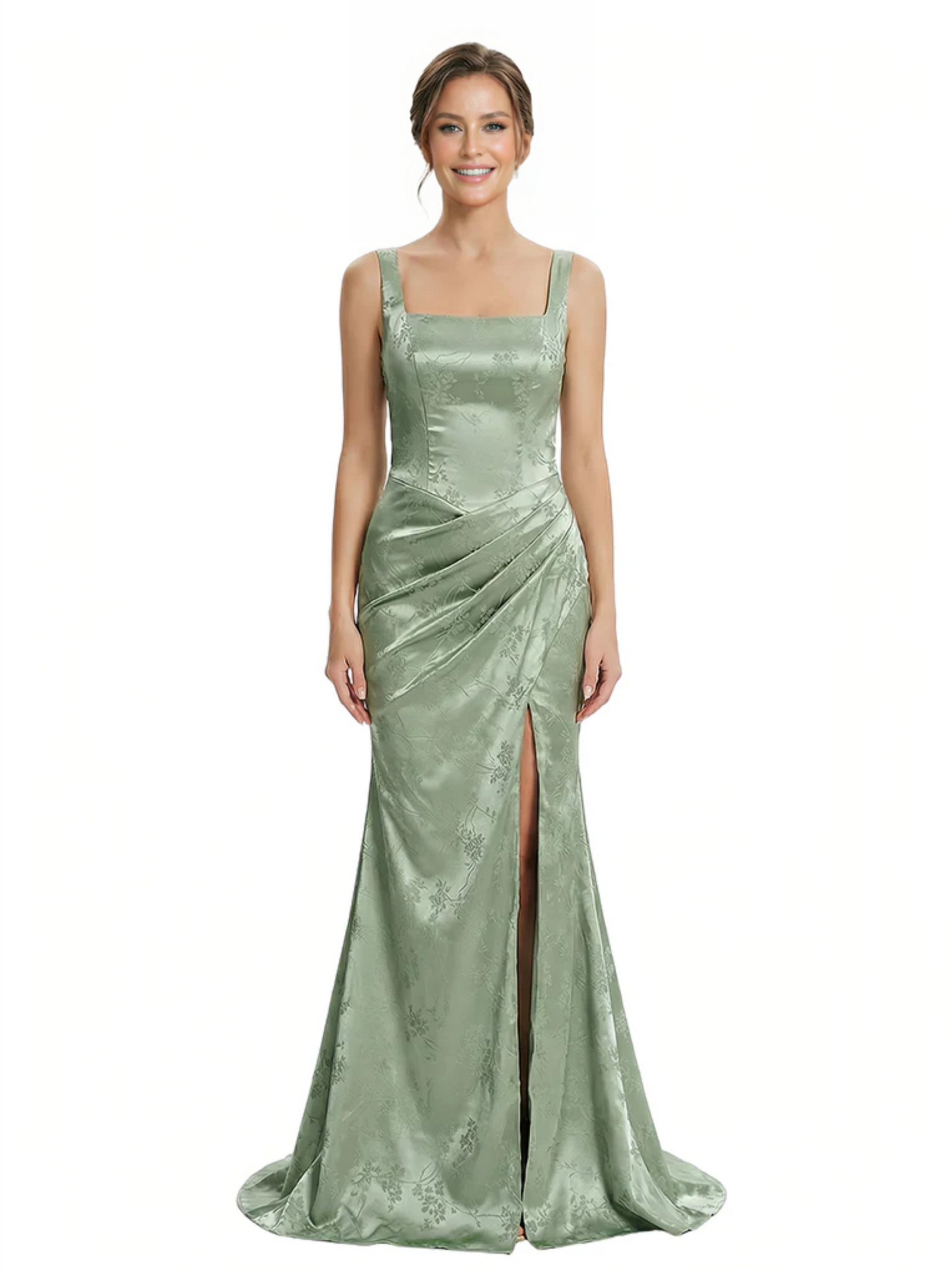 Elegant Jacquard Satin Spaghetti Straps Side Slit Mermaid Long Formal Evening Dresses