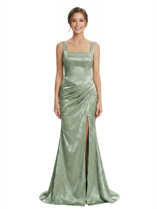 Elegant Jacquard Satin Spaghetti Straps Side Slit Mermaid Long Formal Evening Dresses