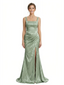 Elegant Jacquard Satin Spaghetti Straps Side Slit Mermaid Long Formal Evening Dresses