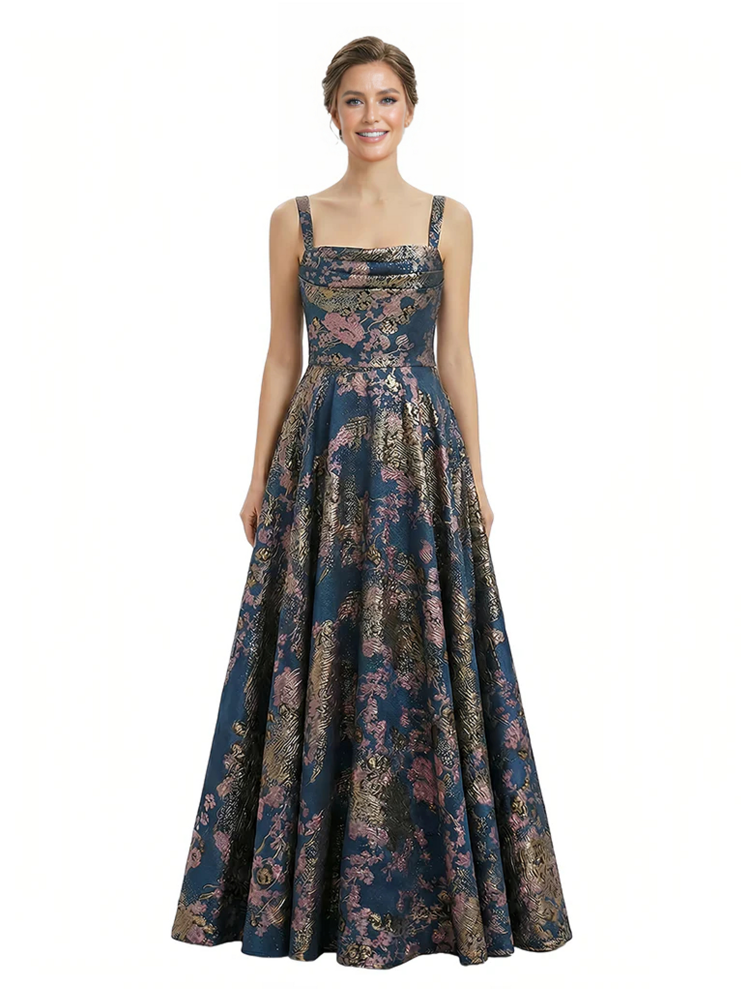 Elegant Floral Spaghetti Straps A-Line Long Formal Evening Dresses