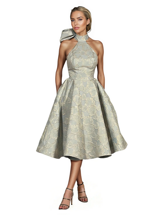 Kiarelys Elegant Floral Jacquard Halter A-Line Knee-Length Formal Evening Dresses