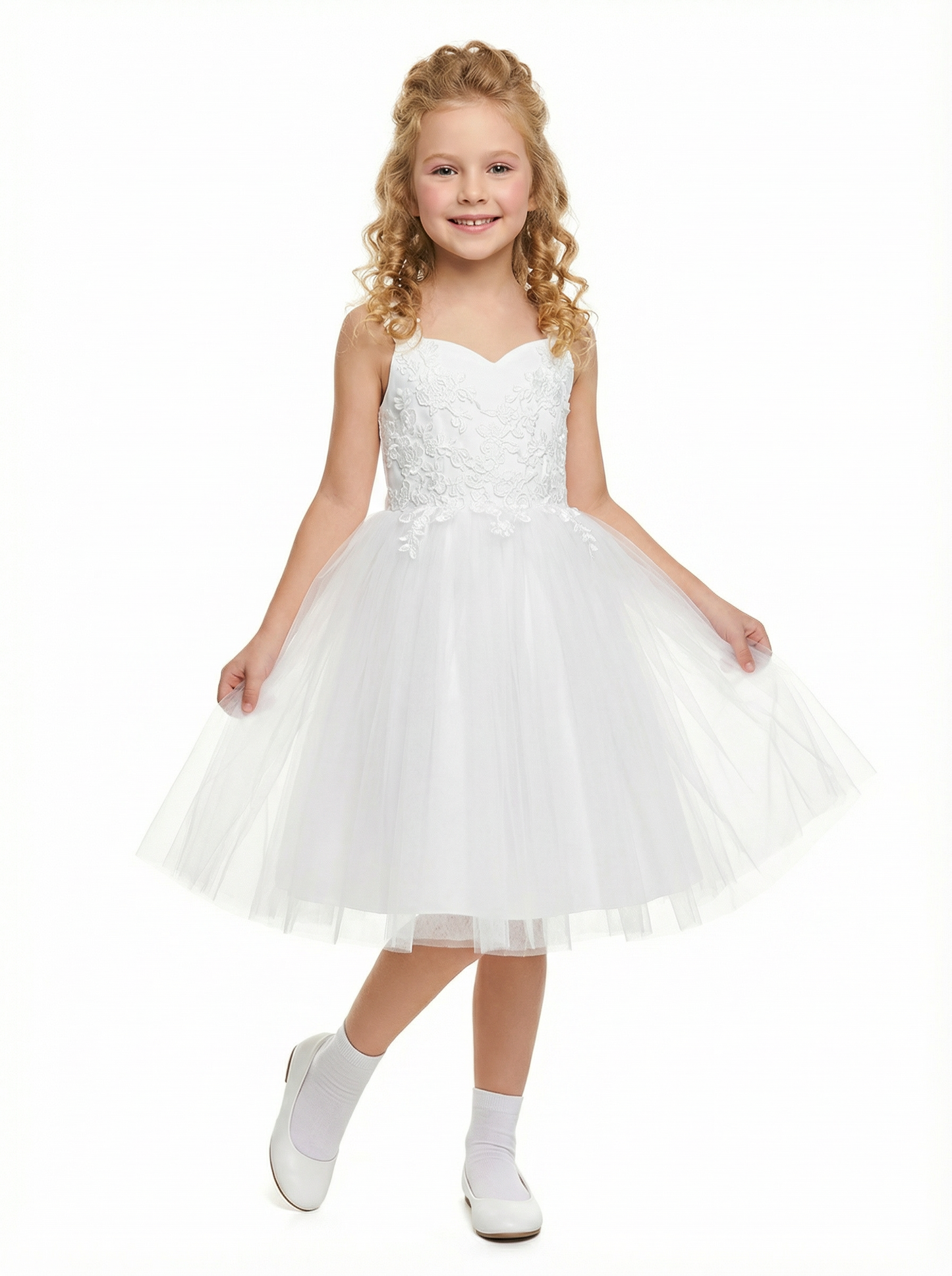 Sweetheart Lace Flower Girl Dress, Strapless Tulle Ball Gown Applique Bodice Floor Length