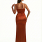 Elegant Mermaid Ruched Satin Long Formal Evening Dresses For Women Spaghetti Straps Side Slit