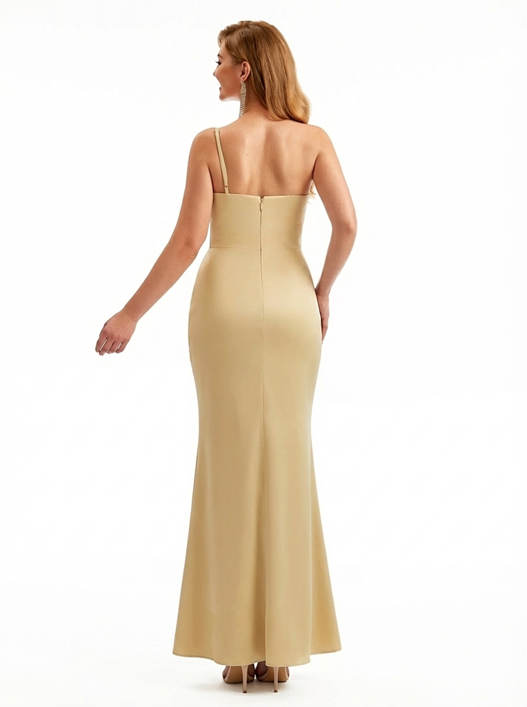 Women's Sexy One Shoulder Ruched Mermaid Silky Satin Long Formal Dresses Slit