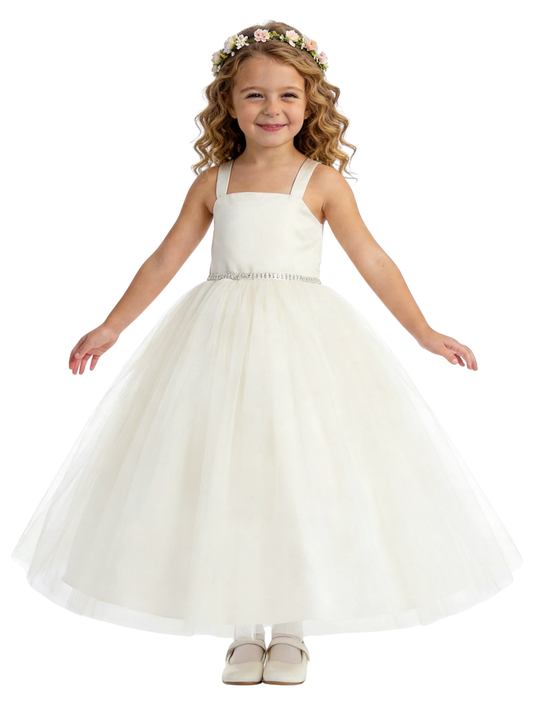 Strap Flower Girl Dress with Square Neck A Line Tulle Skirt Beaded Waist Wedding Gown