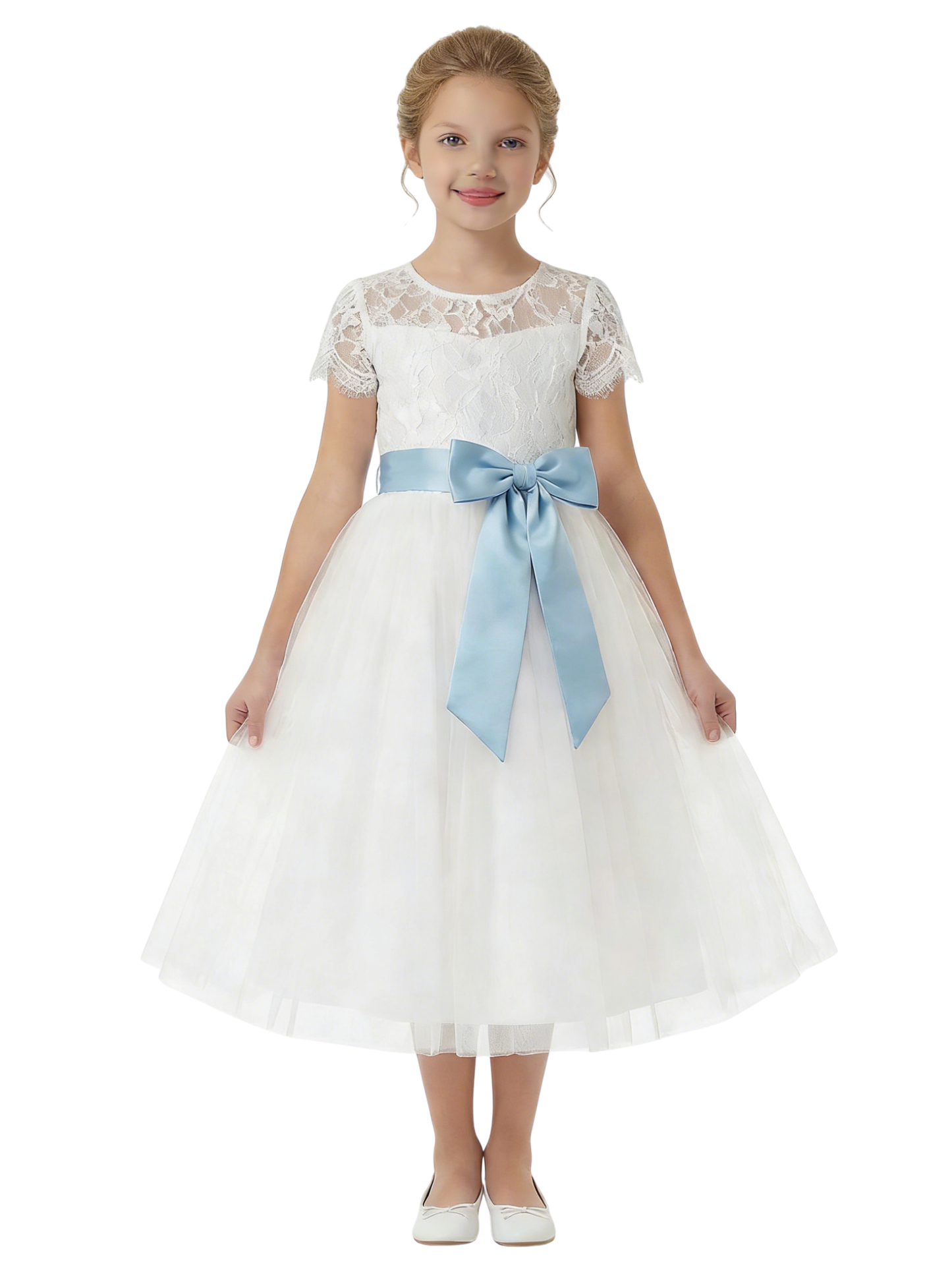 Lace Flower Girl Dress for Wedding with Round Neck Short Sleeves Tulle A Line Formal Gown
