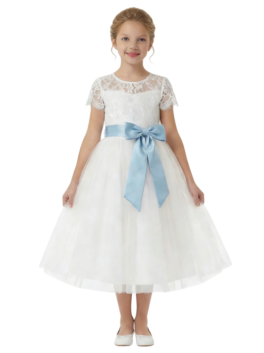 Lace Flower Girl Dress for Wedding with Round Neck Short Sleeves Tulle A Line Formal Gown