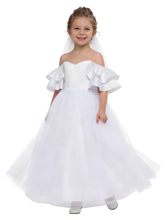 Elegant Off-Shoulder White Tulle Flower Girl Dress with Ruffled Sleeves and Full-Length Princess Skirt