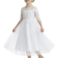 3/4 Sleeve Illusion-Neck Flower Girl Gown Tulle Dress with Intricate Lace Embroidery for Weddings & Formal Occasions