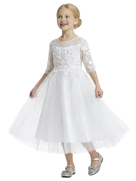 3/4 Sleeve Illusion-Neck Flower Girl Gown Tulle Dress with Intricate Lace Embroidery for Weddings & Formal Occasions