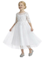 3/4 Sleeve Illusion-Neck Flower Girl Gown Tulle Dress with Intricate Lace Embroidery for Weddings & Formal Occasions