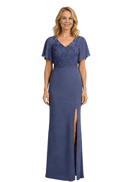 V-Neck Slit Grandmother of the Bride Dresses V-neck Wedding Party Gowns for Moms