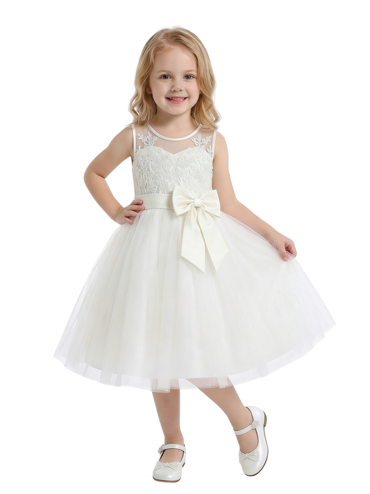 Spaghetti-Straps Flower Girl Dress with Sleeveless Lace Applique Bodice and A-Line Tulle Skirt