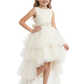 High Low Flower Girl Dress Sleeveless Lace Bodice Layered Tulle Skirt Party Wedding Gown