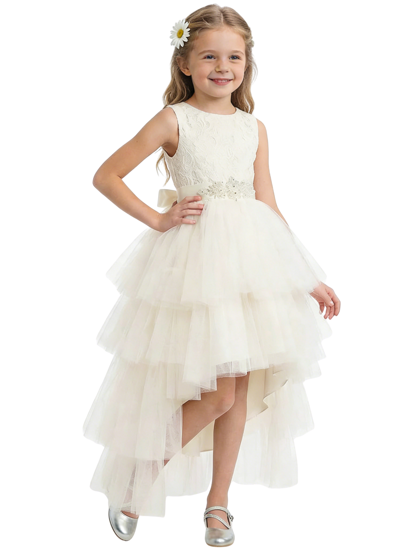 High Low Flower Girl Dress Sleeveless Lace Bodice Layered Tulle Skirt Party Wedding Gown