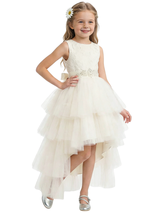High Low Flower Girl Dress Sleeveless Lace Bodice Layered Tulle Skirt Party Wedding Gown