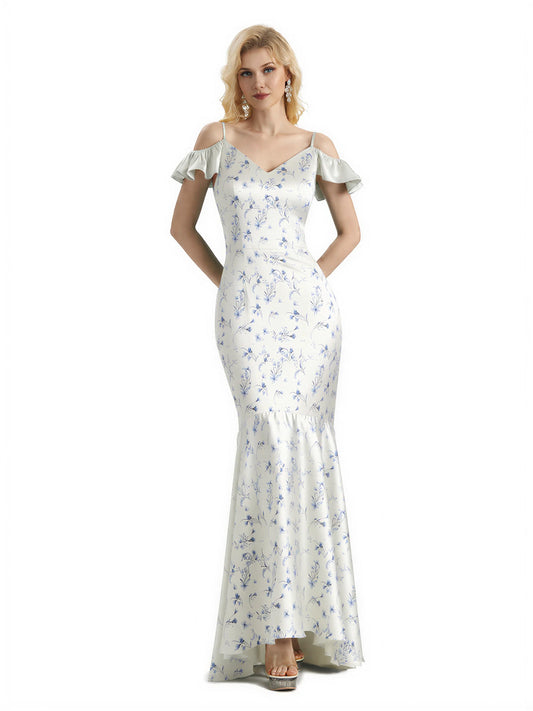Beautiful Mermaid Cold Shoulder Floral Satin Maxi Floral Formal Dresses For Women