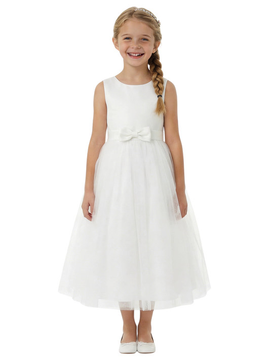 Sleeveless Round-Neck Flower Girl Gown A-Line Tulle Dress with Satin Bodice Waist Bow & Lightweight Tulle Skirt for Wedding Celebrations