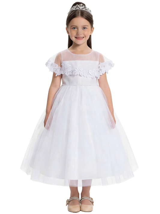 Off Shoulder Flower Girl Dress with Illusion Neck Tulle Skirt Beaded Waist Formal Gown