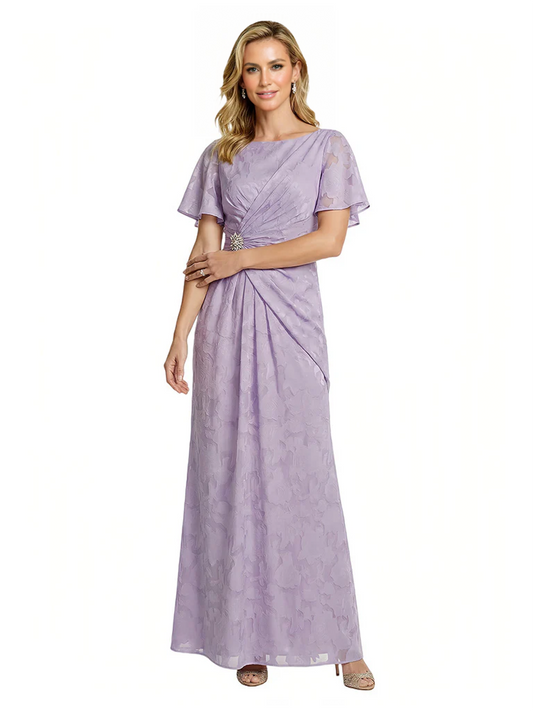 Elegant Flutter Sleeves Ruching Floral Burnout Chiffon A-line Formal Evening Dresses