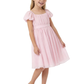 Chiffon A Line Flower Girl Dress with Square Neck Puff Sleeves and Pleated Midi Skirt
