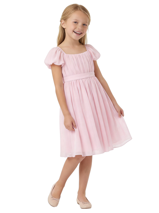 Chiffon A Line Flower Girl Dress with Square Neck Puff Sleeves and Pleated Midi Skirt