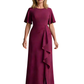 A-Line Mother of the Bride Dresses Slit Chiffon Formal Dresses for Weddings Ruffle Short Sleeve