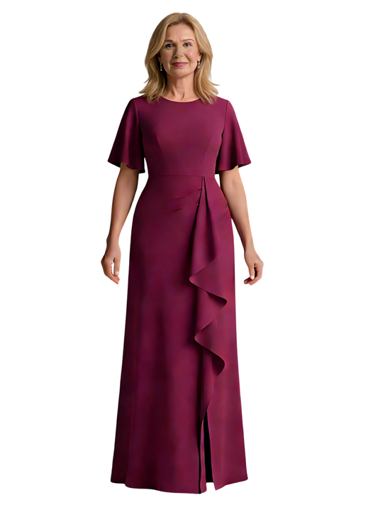 A-Line Mother of the Bride Dresses Slit Chiffon Formal Dresses for Weddings Ruffle Short Sleeve
