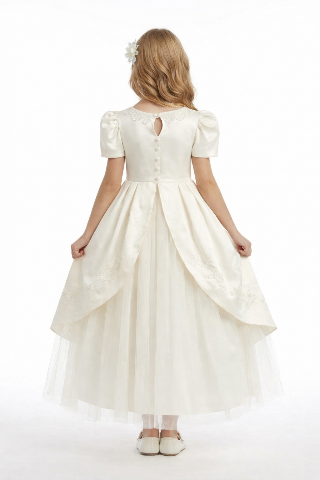 Vintage Style Flower Girl Dress with Puff Sleeves Structured Bodice and Layered Tulle Skirt