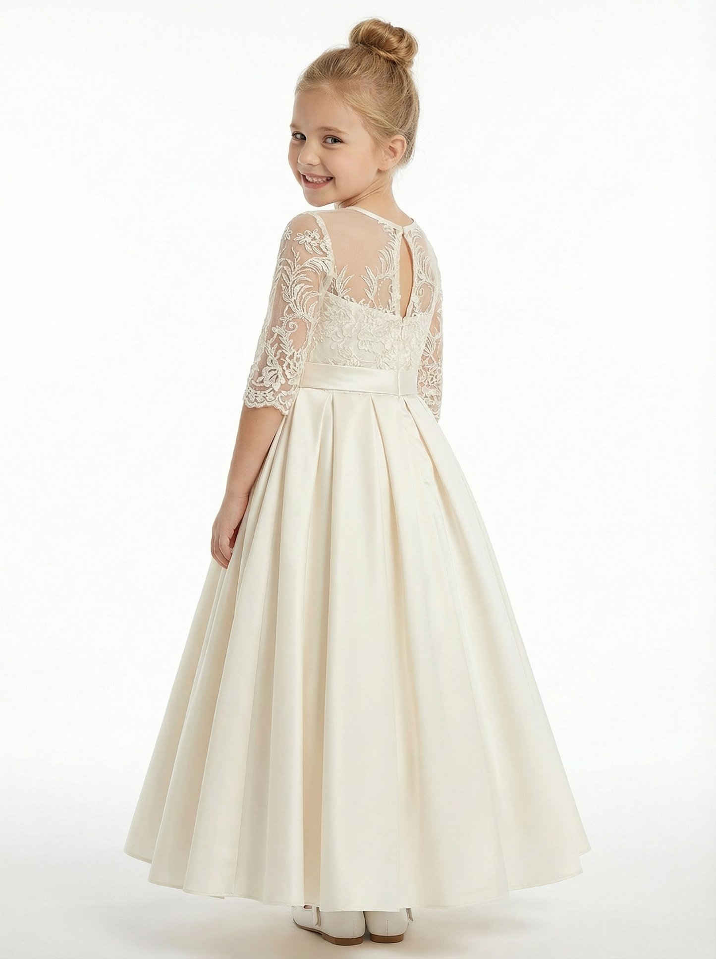 Long Sleeve Lace Flower Girl Dress, Satin Ball Gown Silhouette Spaghetti-Straps Bodice