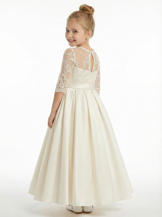 Long Sleeve Lace Flower Girl Dress, Satin Ball Gown Silhouette Spaghetti-Straps Bodice