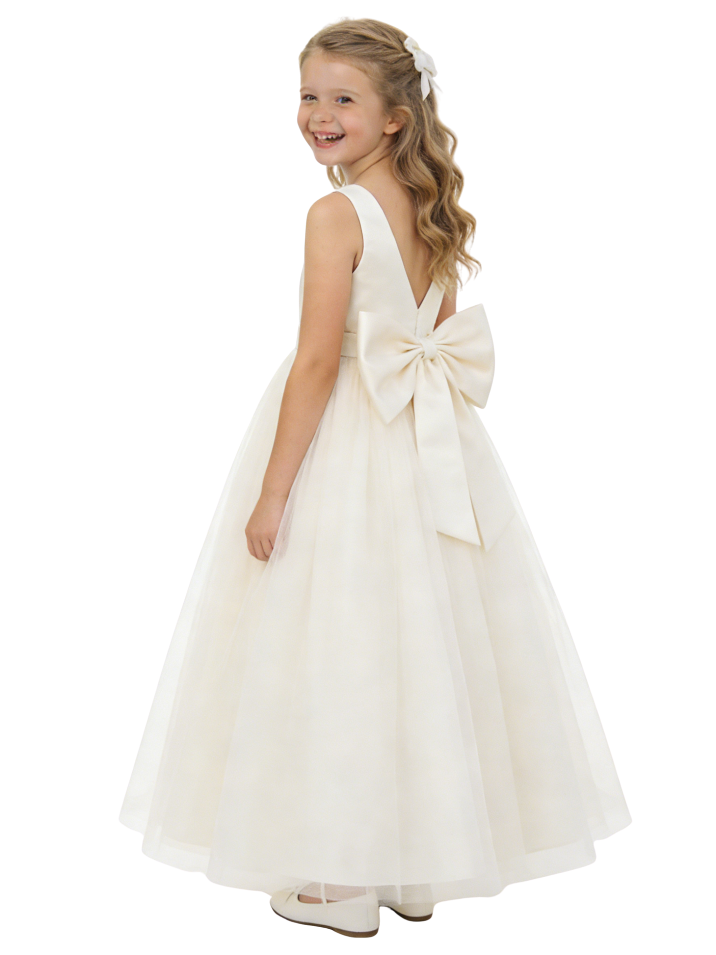 Cute Flower Girl Dress V-Neck A-Line Tulle Sleeveless Flowy Formal Event Gown