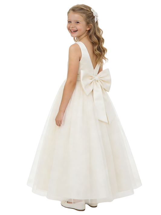 Cute Flower Girl Dress V-Neck A-Line Tulle Sleeveless Flowy Formal Event Gown