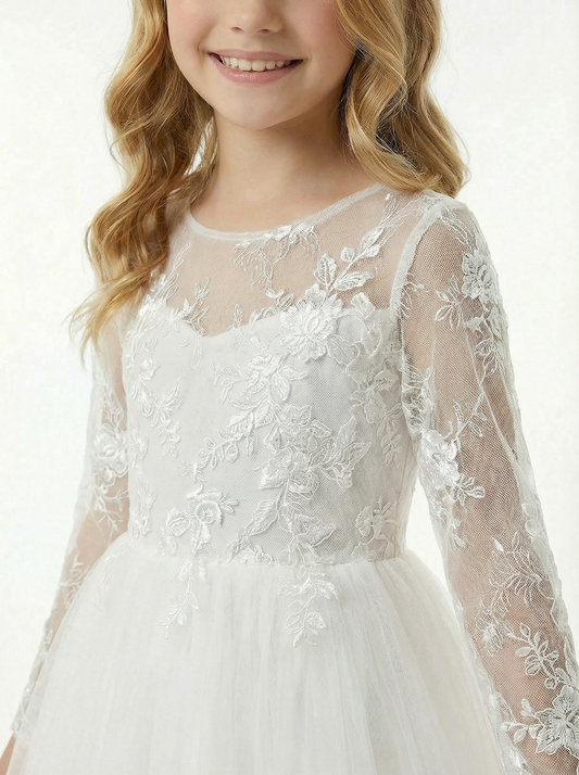 Long Sleeve Illusion Neck Lace Bodice Tulle Floor Length Flower Girl Dress for Wedding