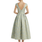 Kiarelys Modern Floral Jacquard V-Neck Cap Sleeves Tea-Length A-Line Long Formal Evening Dresses