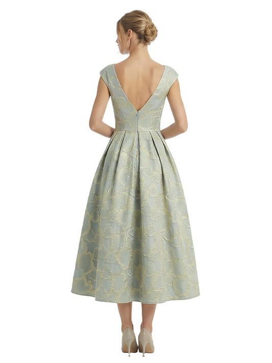 Kiarelys Modern Floral Jacquard V-Neck Cap Sleeves Tea-Length A-Line Long Formal Evening Dresses