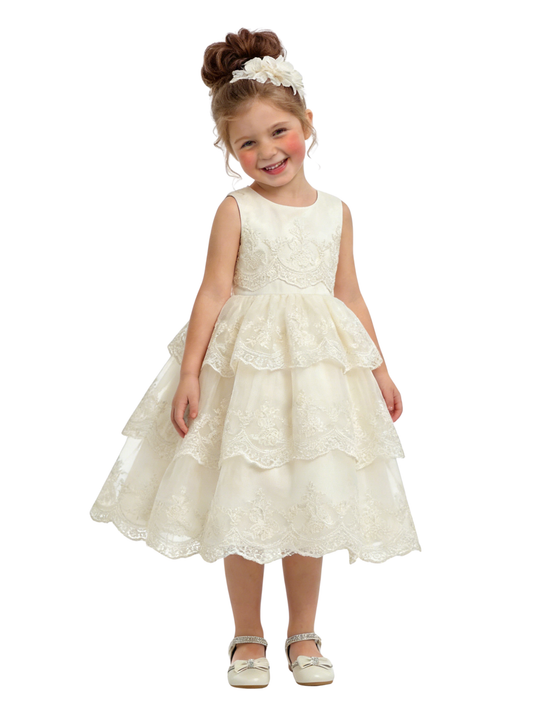 Floral Lace Tiered Flower Girl Dress Sleeveless Round Neck  Length Tulle Party Gown
