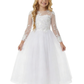 Long-Sleeve Illusion-Neck Flower Girl Gown Tulle Dress with 3D Floral Embroidery & Keyhole Back for Wedding Ceremonies